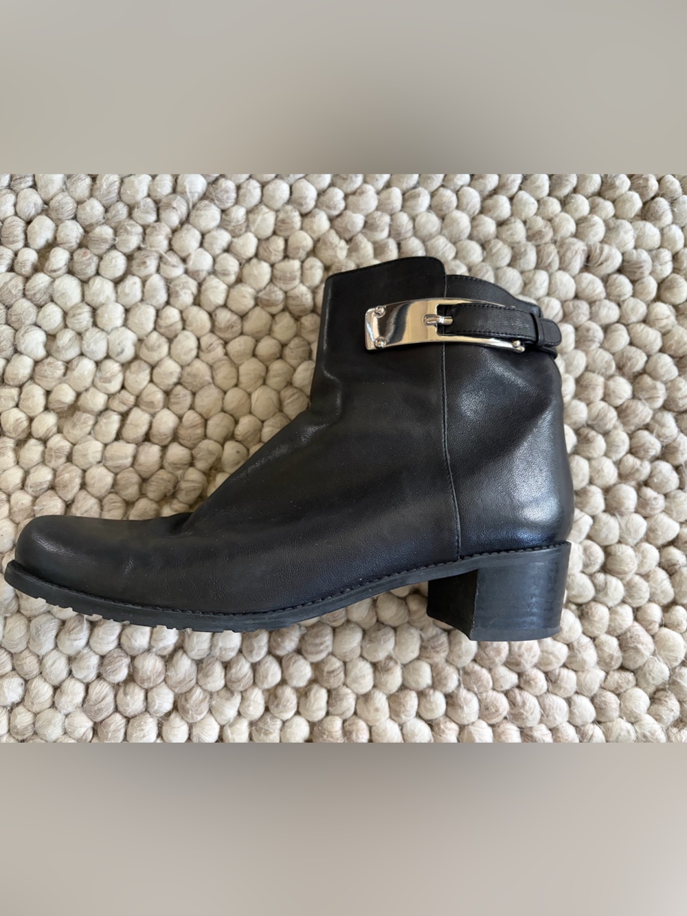 Stuart Weitzman Black Leather Ankle Boot with Silver Buckle